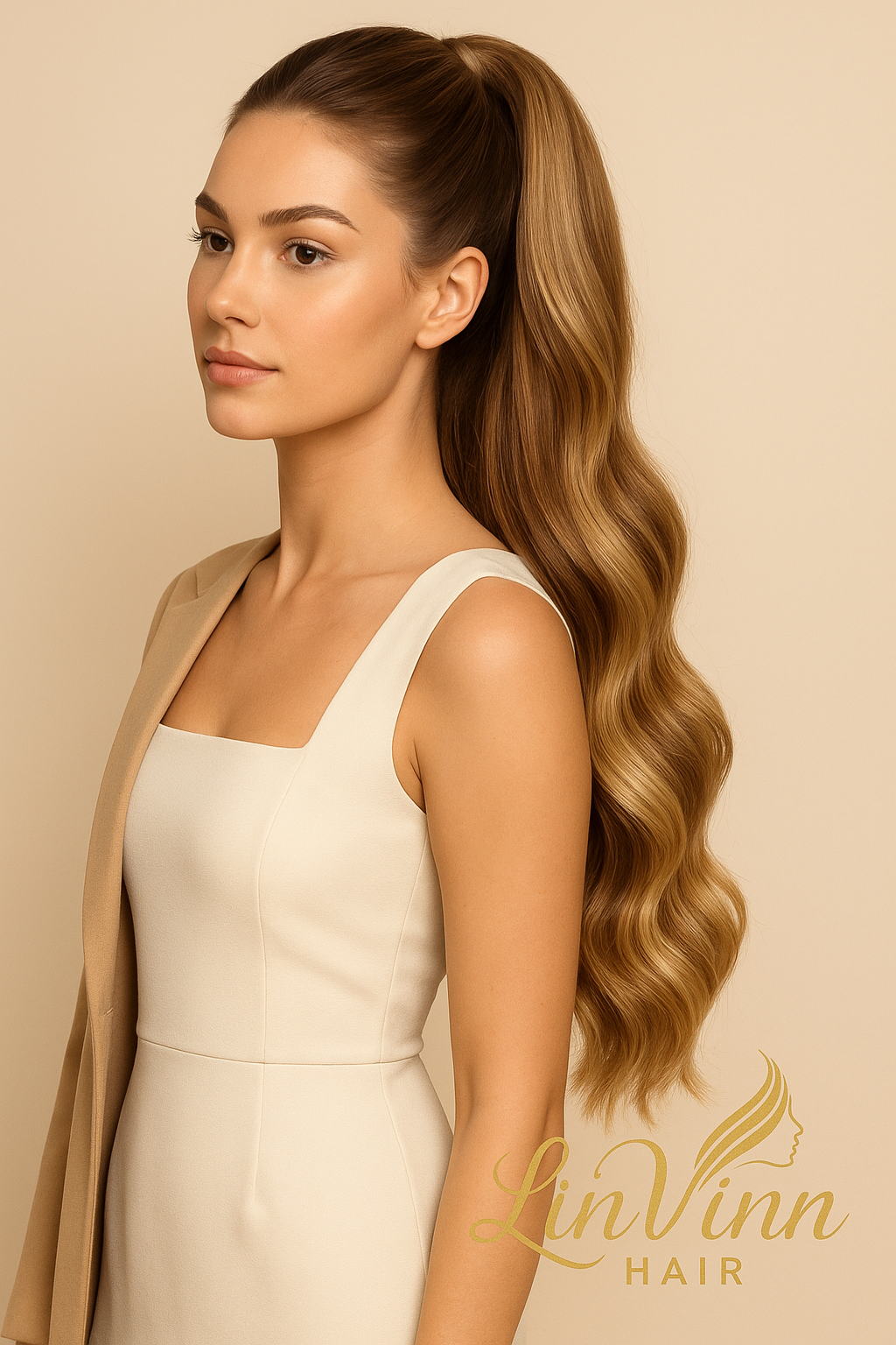FULL PONYTAIL MILA DONKER BRUIN/BLOND MIX BODYWEAVE 60 CM