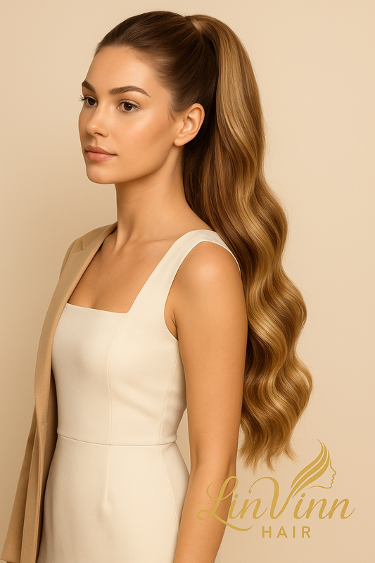 FULL PONYTAIL MILA DONKER BRUIN/BLOND MIX BODYWEAVE 60 CM